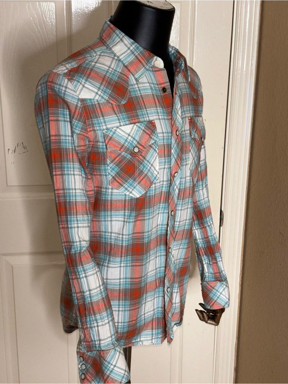 Tecovas Shirt Mens Small Orange Blue Plaid Western Pearl Snap Long Sleeve - Picture 4 of 10